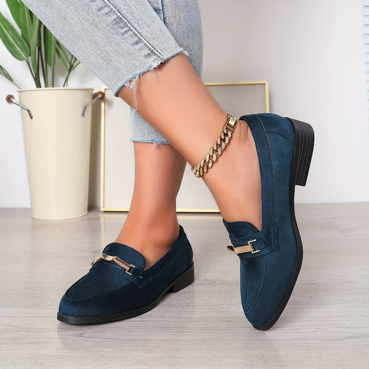 Amélie | Mocassin Femme Noir Talon Plat Détail Doré