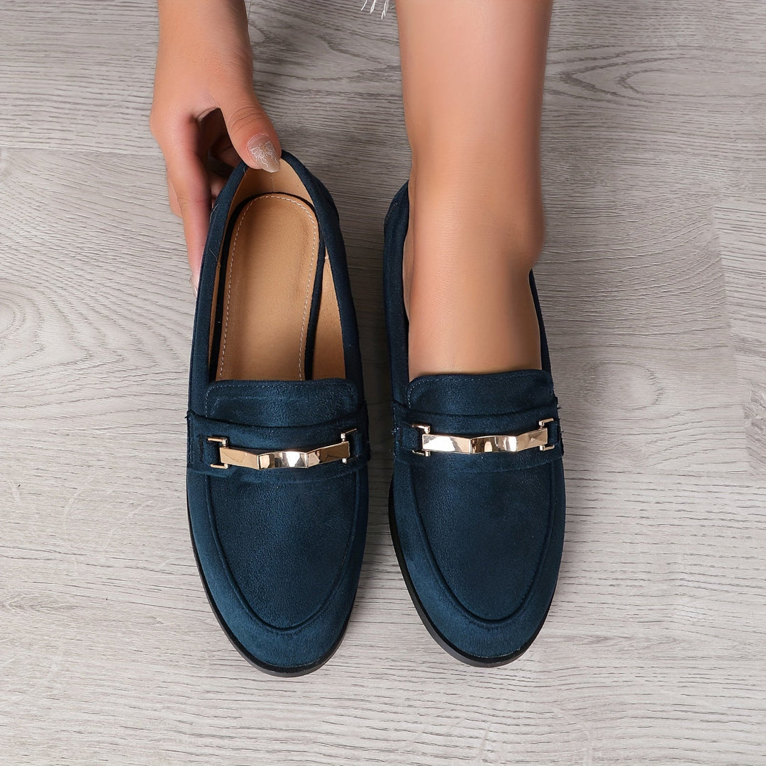 Amélie | Mocassin Femme Noir Talon Plat Détail Doré