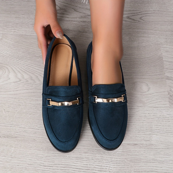 Amélie | Mocassin Femme Noir Talon Plat Détail Doré