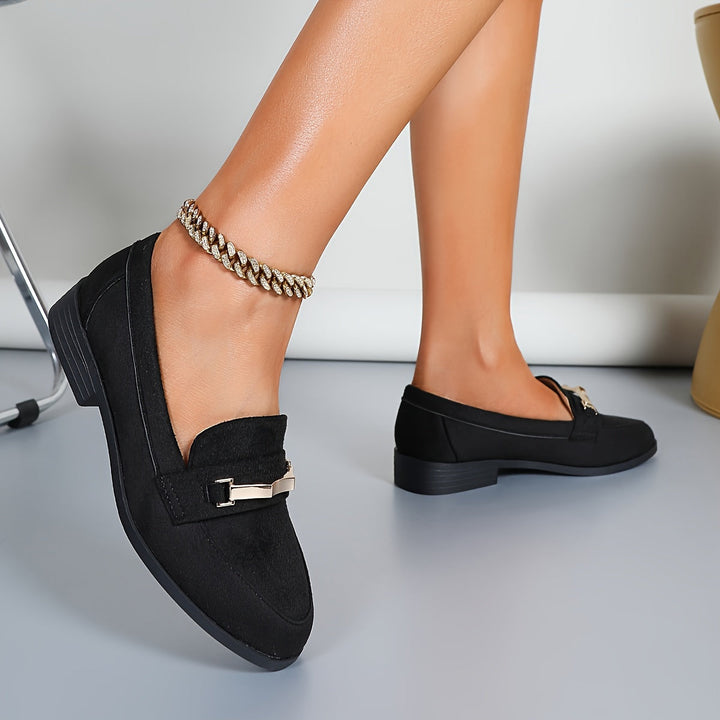 Amélie | Mocassin Femme Noir Talon Plat Détail Doré