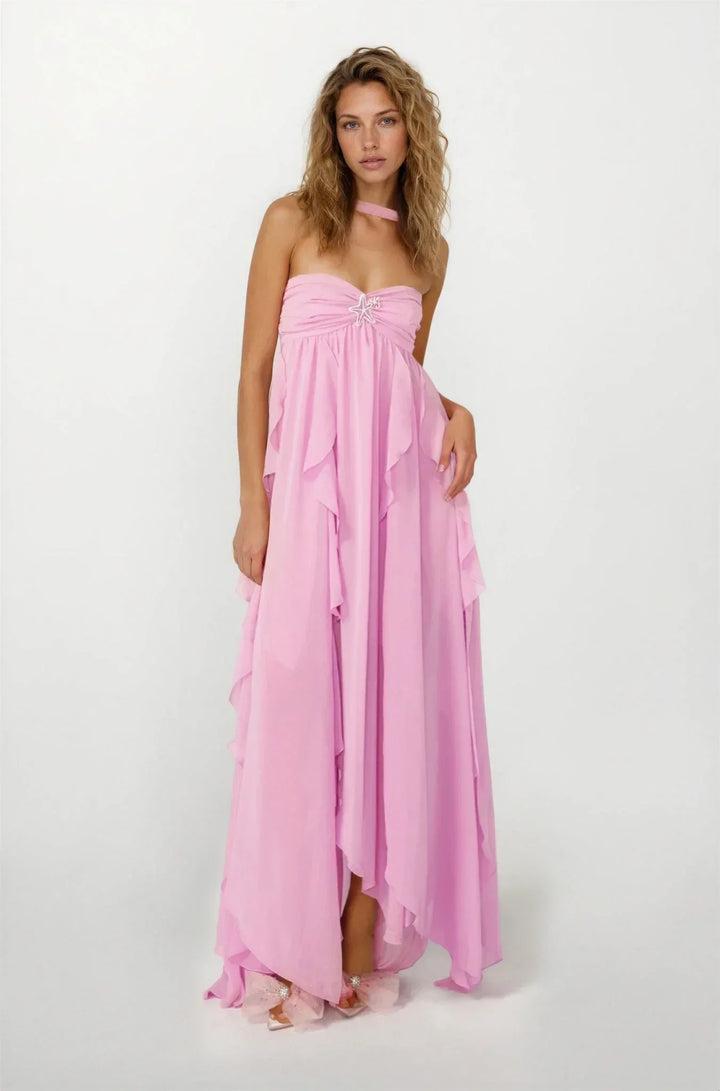 Amélie | Robe Maxi Volants Rose Invitée Mariage