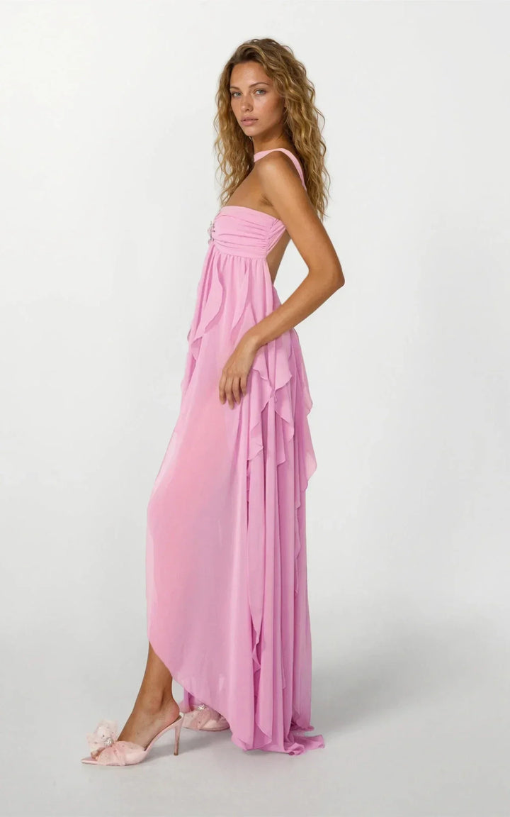 Amélie | Robe Maxi Volants Rose Invitée Mariage