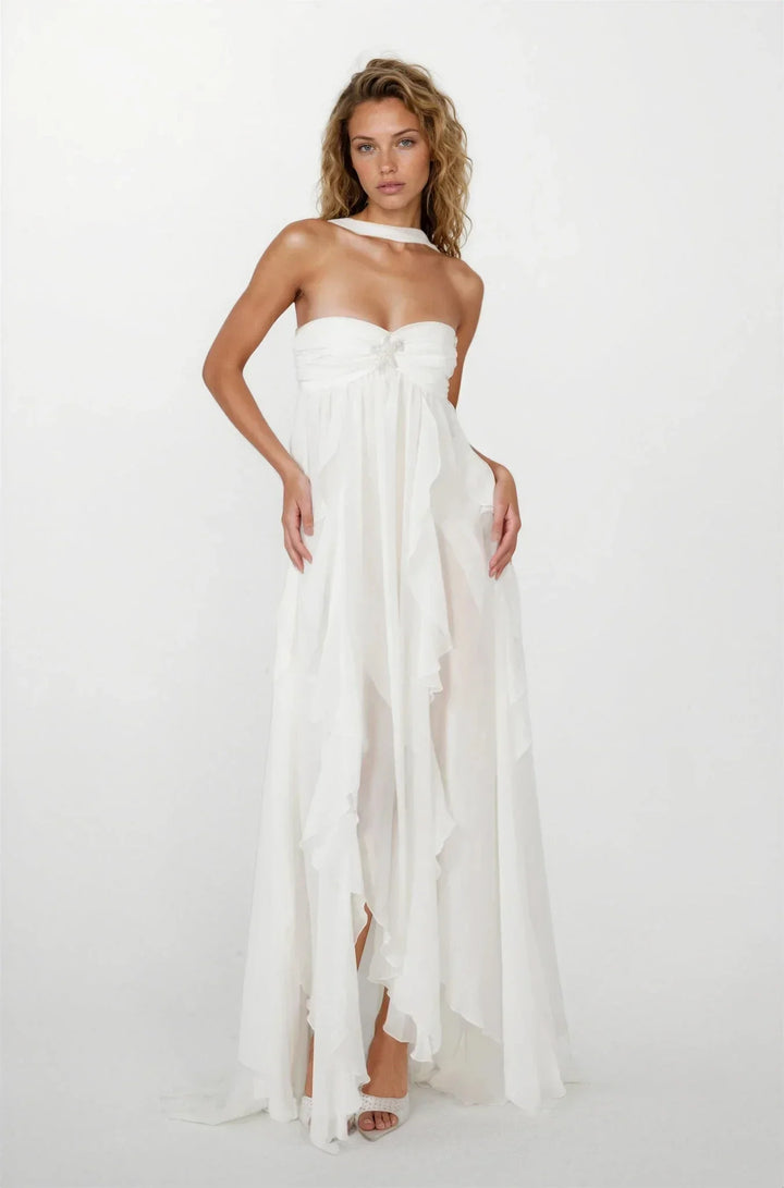 Amélie | Robe Maxi Volants Rose Invitée Mariage
