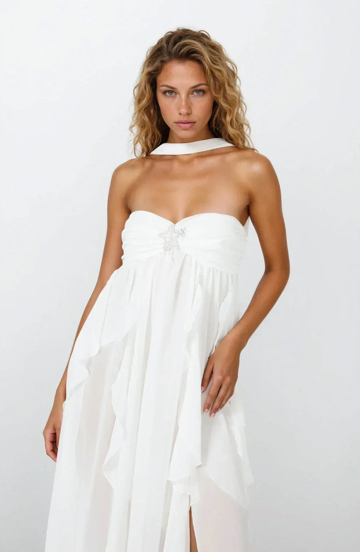Amélie | Robe Maxi Volants Rose Invitée Mariage