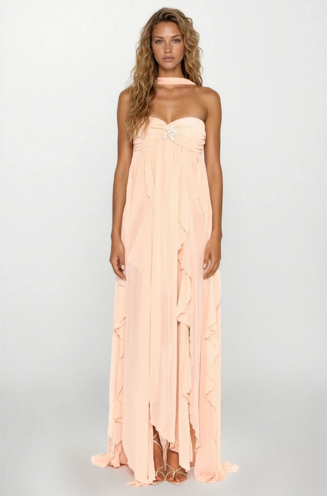Amélie | Robe Maxi Volants Rose Invitée Mariage