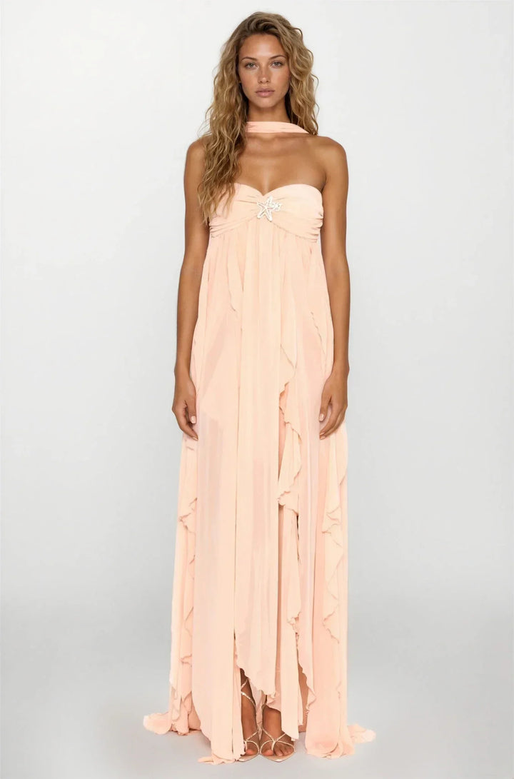 Amélie | Robe Maxi Volants Rose Invitée Mariage