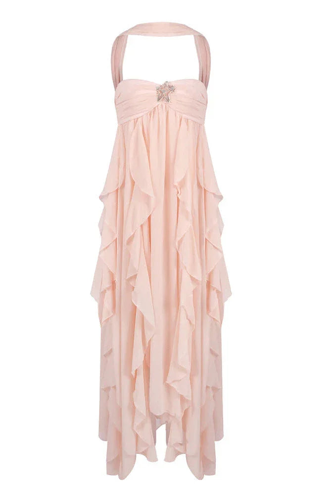 Amélie | Robe Maxi Volants Rose Invitée Mariage
