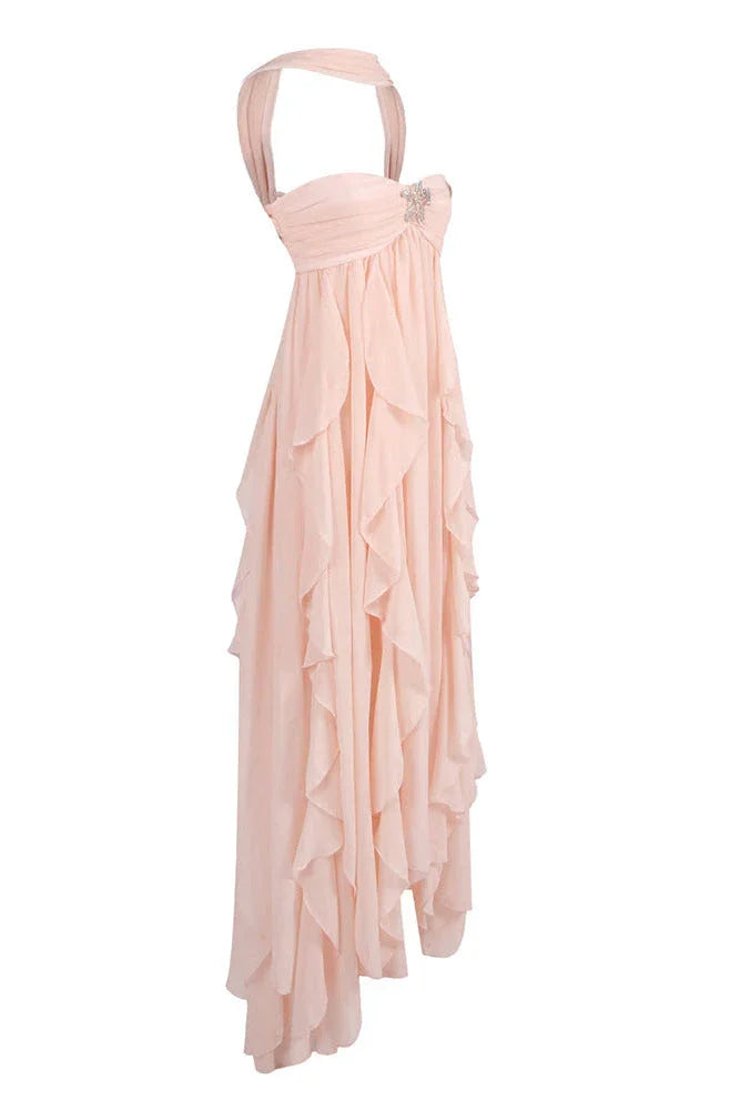 Amélie | Robe Maxi Volants Rose Invitée Mariage