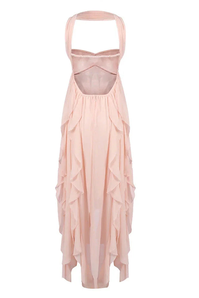 Amélie | Robe Maxi Volants Rose Invitée Mariage