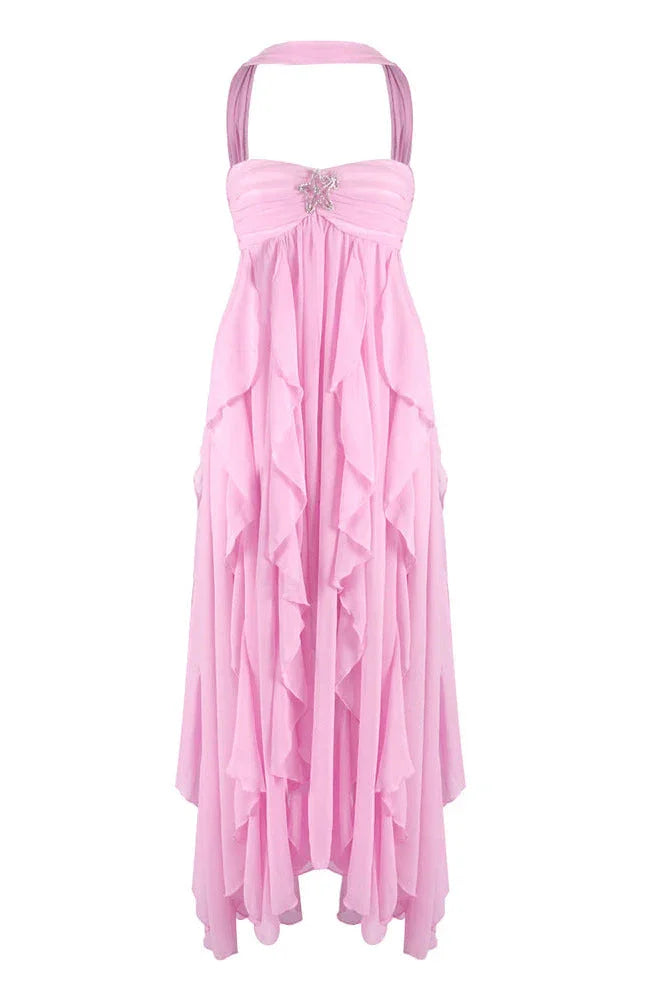 Amélie | Robe Maxi Volants Rose Invitée Mariage