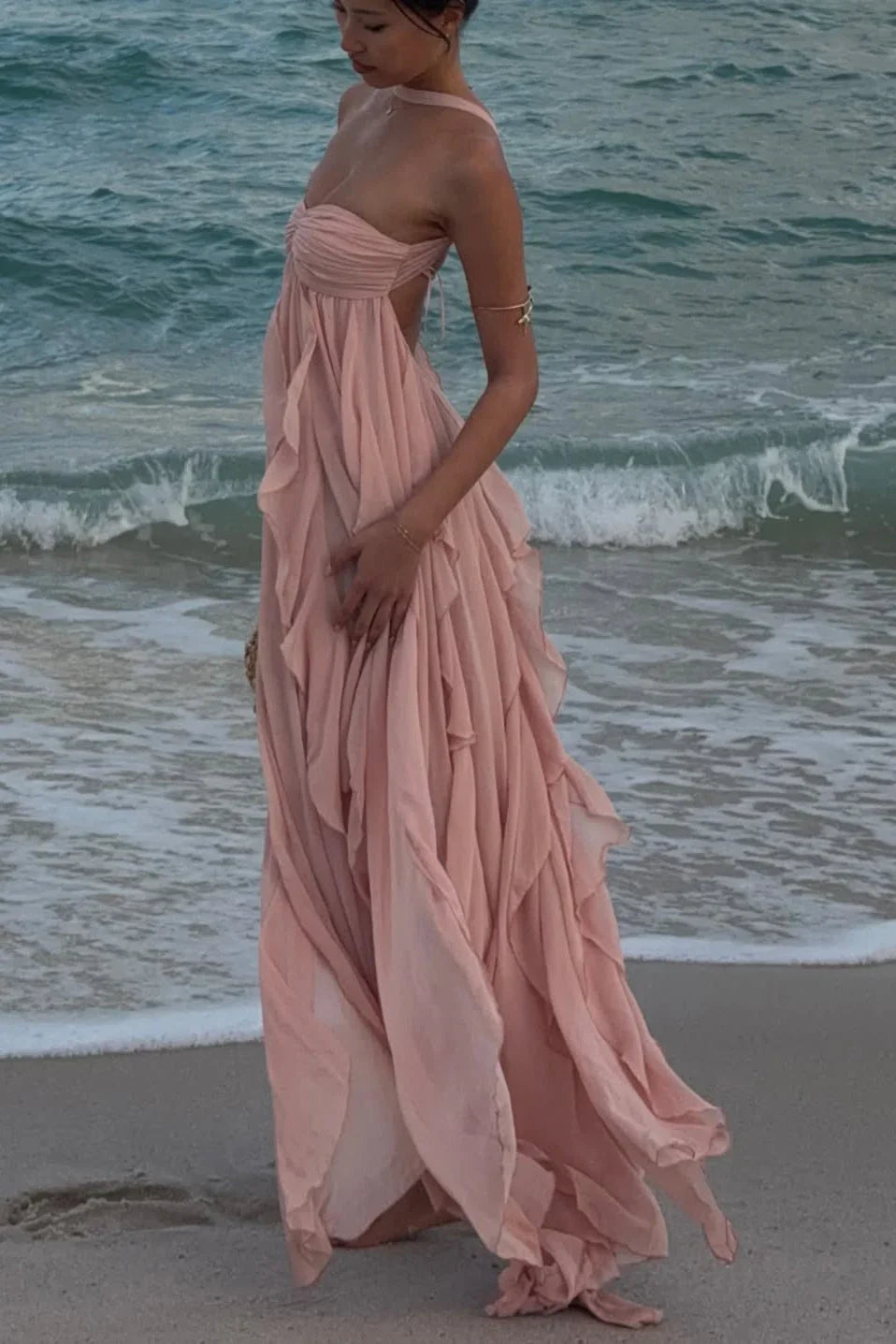 Amélie | Robe Maxi Volants Rose Invitée Mariage