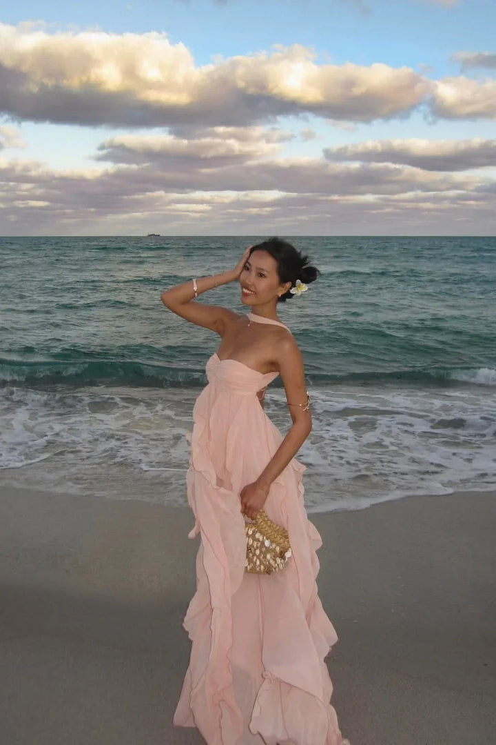 Amélie | Robe Maxi Volants Rose Invitée Mariage