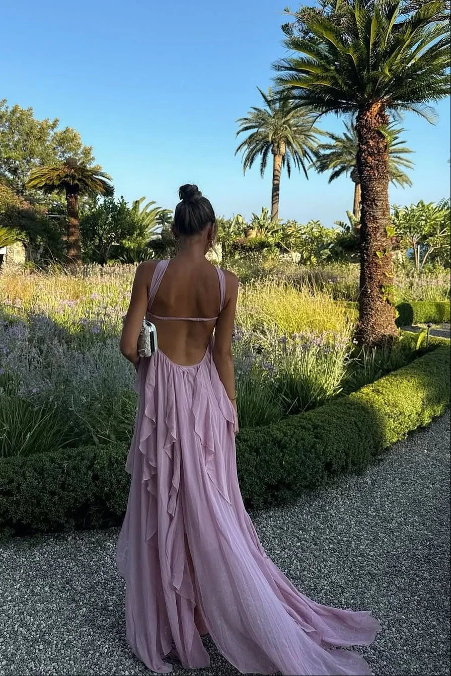 Amélie | Robe Maxi Volants Rose Invitée Mariage