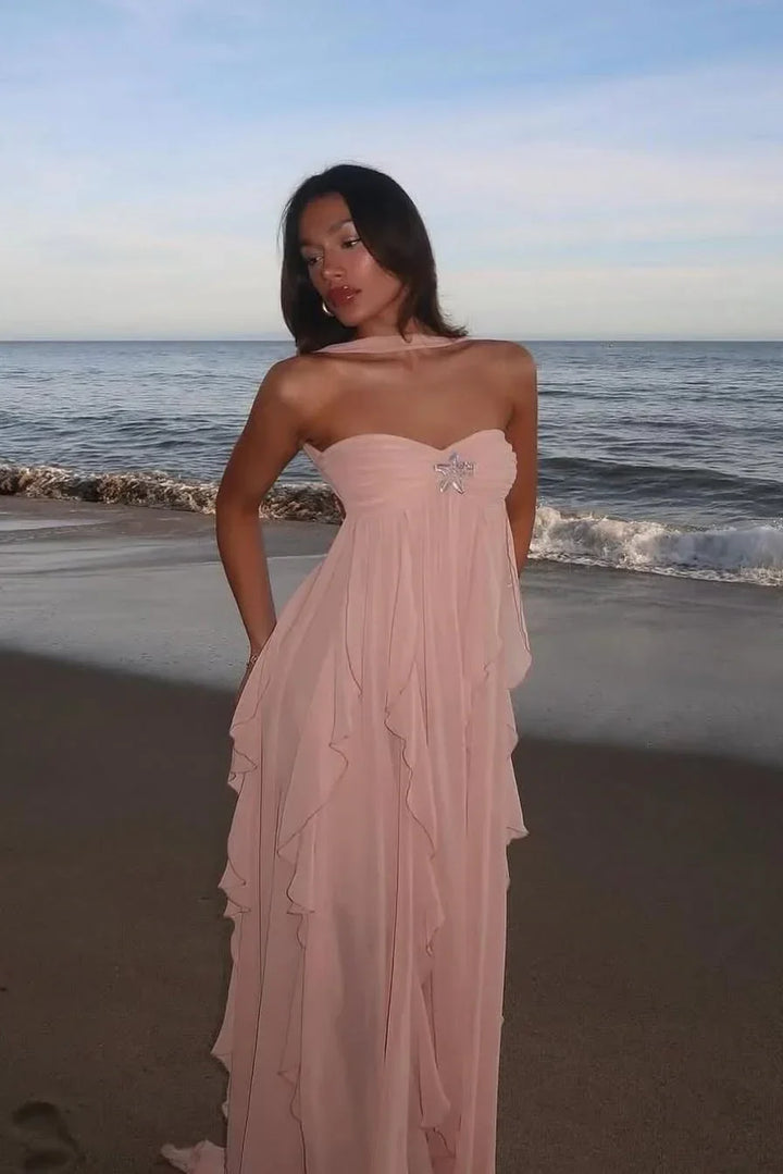 Amélie | Robe Maxi Volants Rose Invitée Mariage