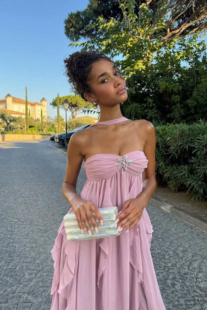 Amélie | Robe Maxi Volants Rose Invitée Mariage