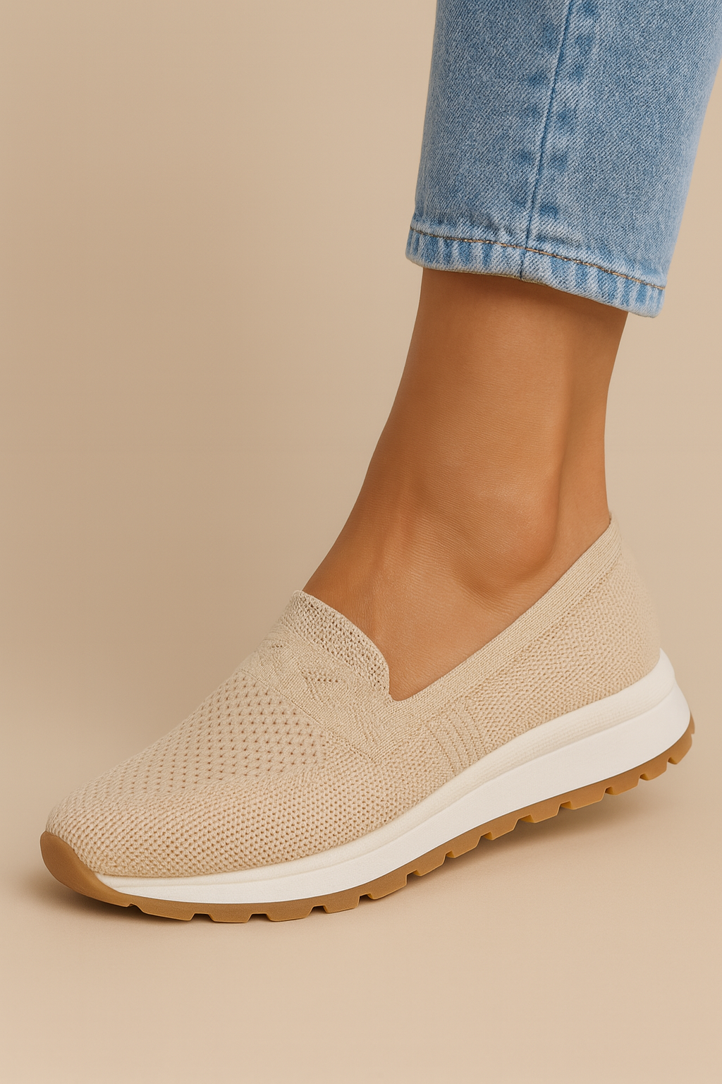 Audrey | Baskets Slip-On Femme Maille Beige Basses