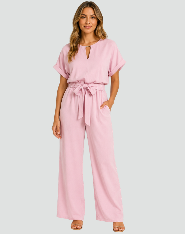 Audrey | Combinaison Femme Fuchsia Jambe Large Manches Courtes