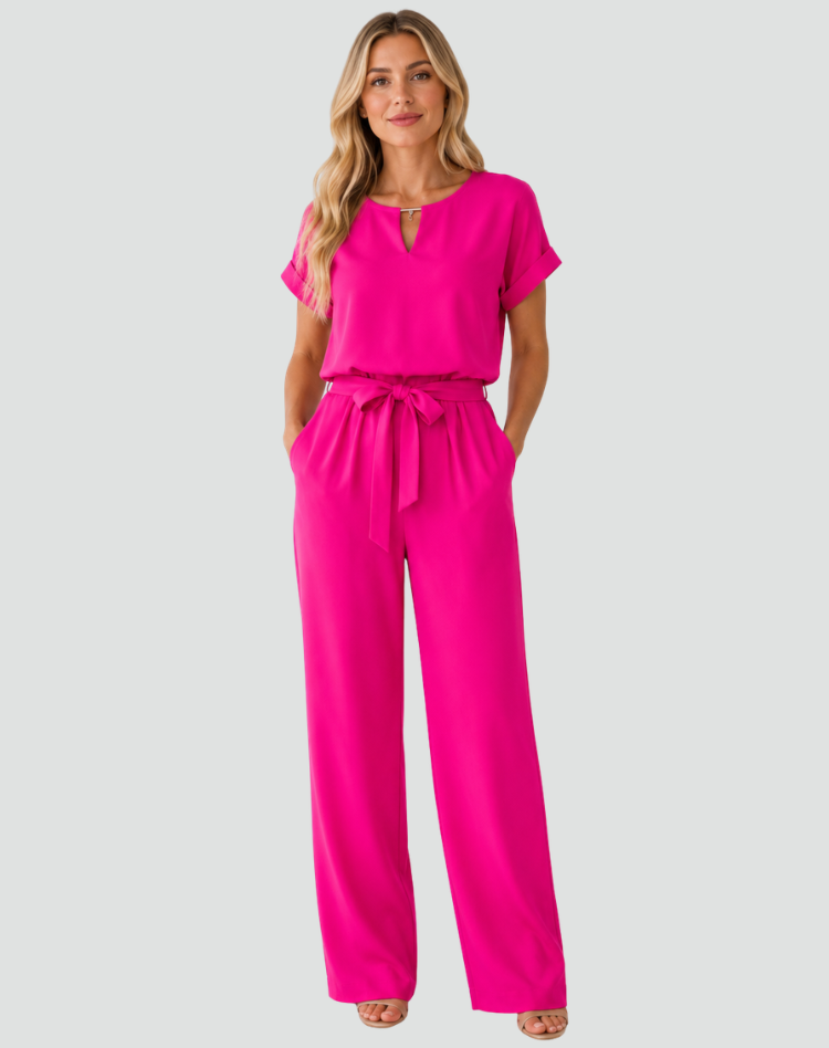 Audrey | Combinaison Femme Fuchsia Jambe Large Manches Courtes