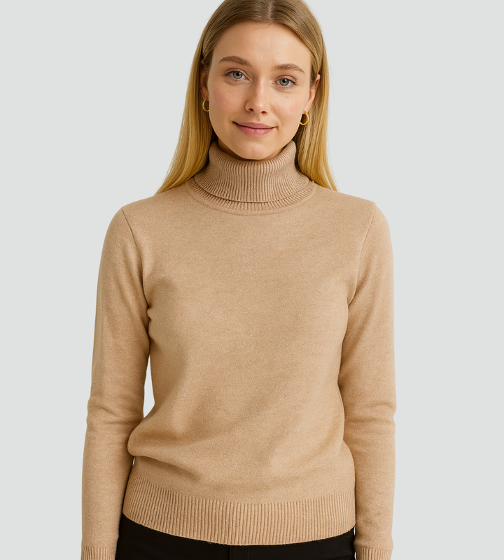 Audrey | Pull Col Roulé Marron Femme Ajusté Manches Longues