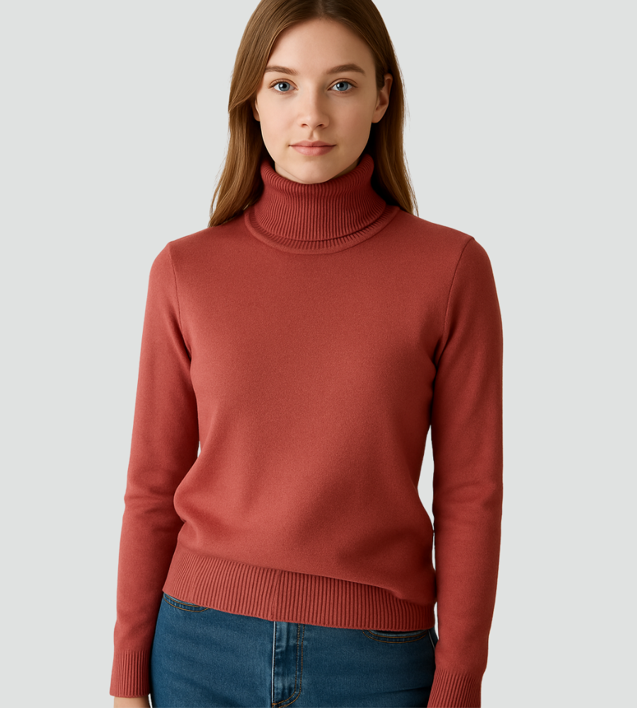 Audrey | Pull Col Roulé Marron Femme Ajusté Manches Longues
