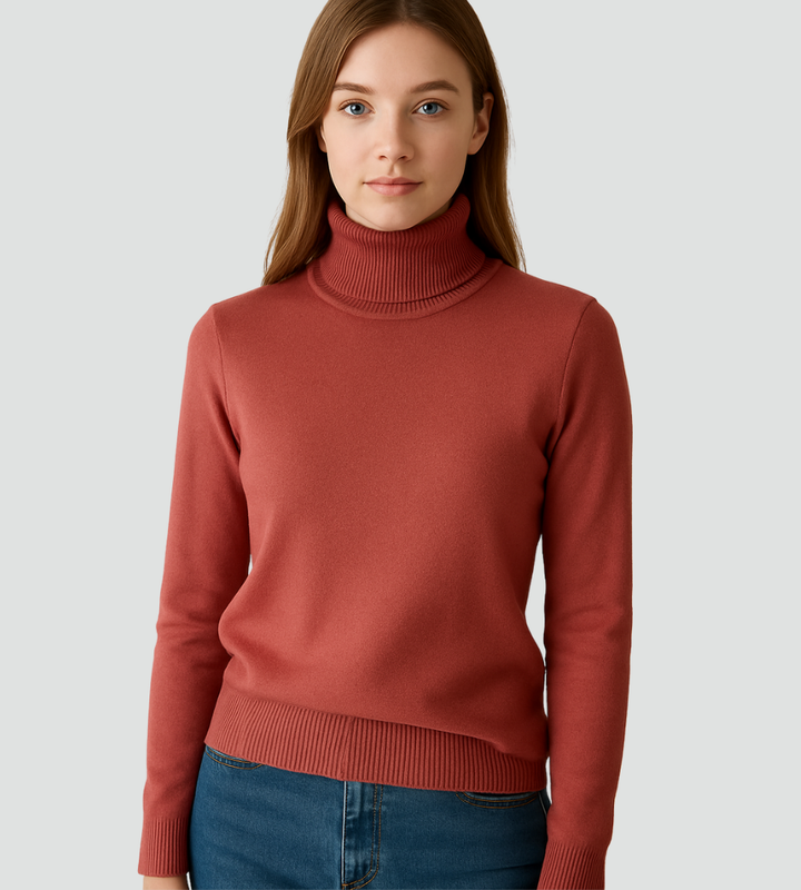 Audrey | Pull Col Roulé Marron Femme Ajusté Manches Longues