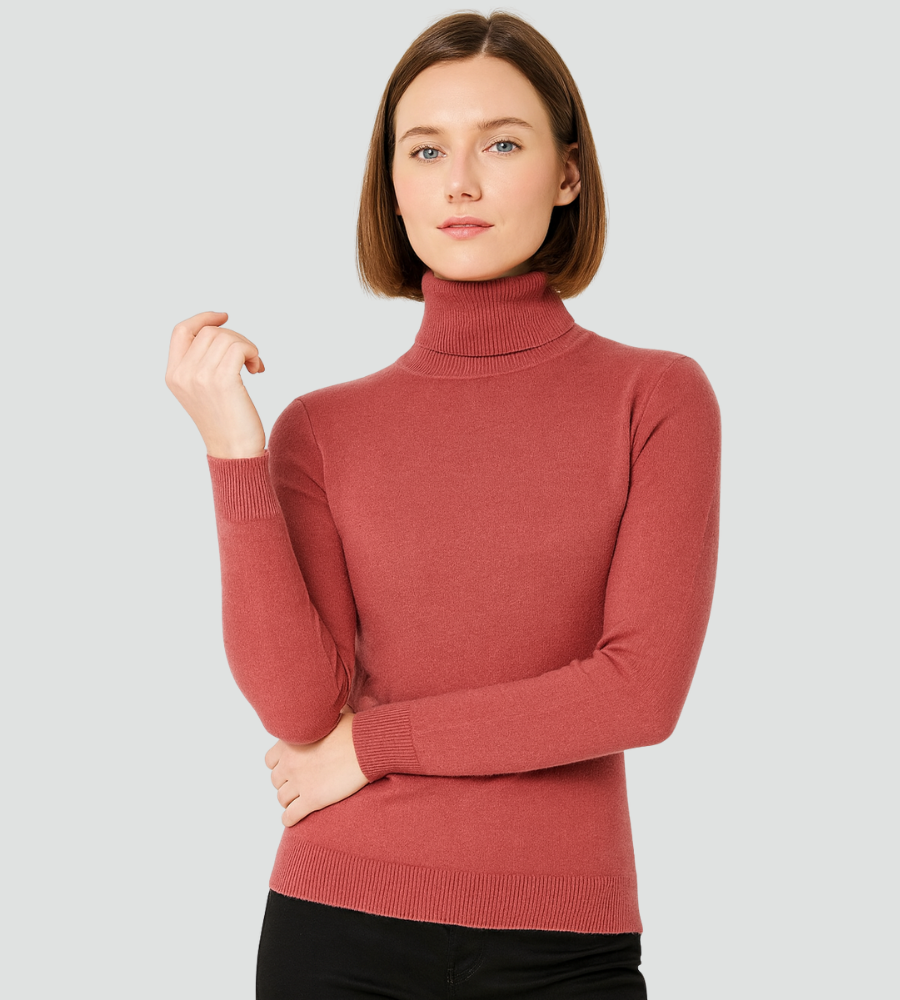 Audrey | Pull Col Roulé Marron Femme Ajusté Manches Longues