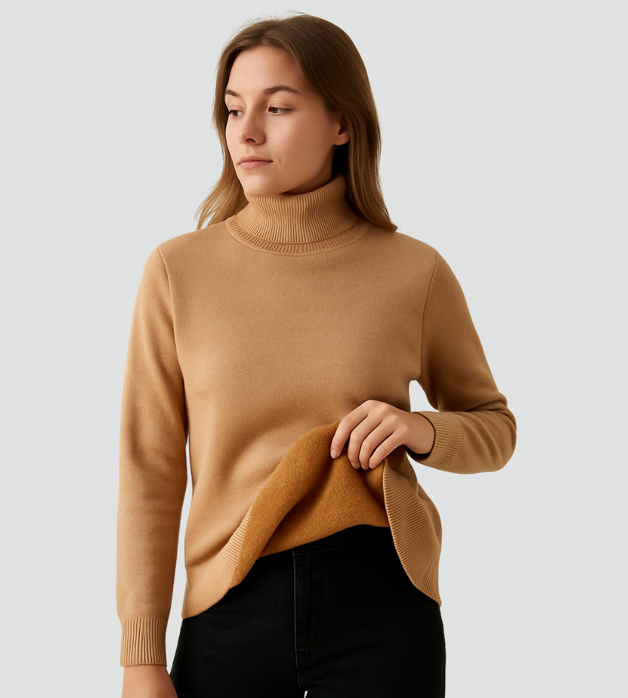 Audrey | Pull Col Roulé Marron Femme Ajusté Manches Longues