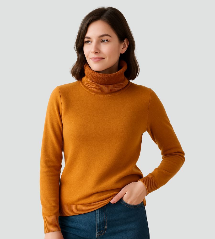 Audrey | Pull Col Roulé Marron Femme Ajusté Manches Longues
