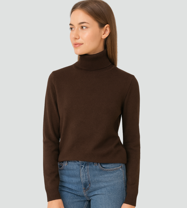 Audrey | Pull Col Roulé Marron Femme Ajusté Manches Longues