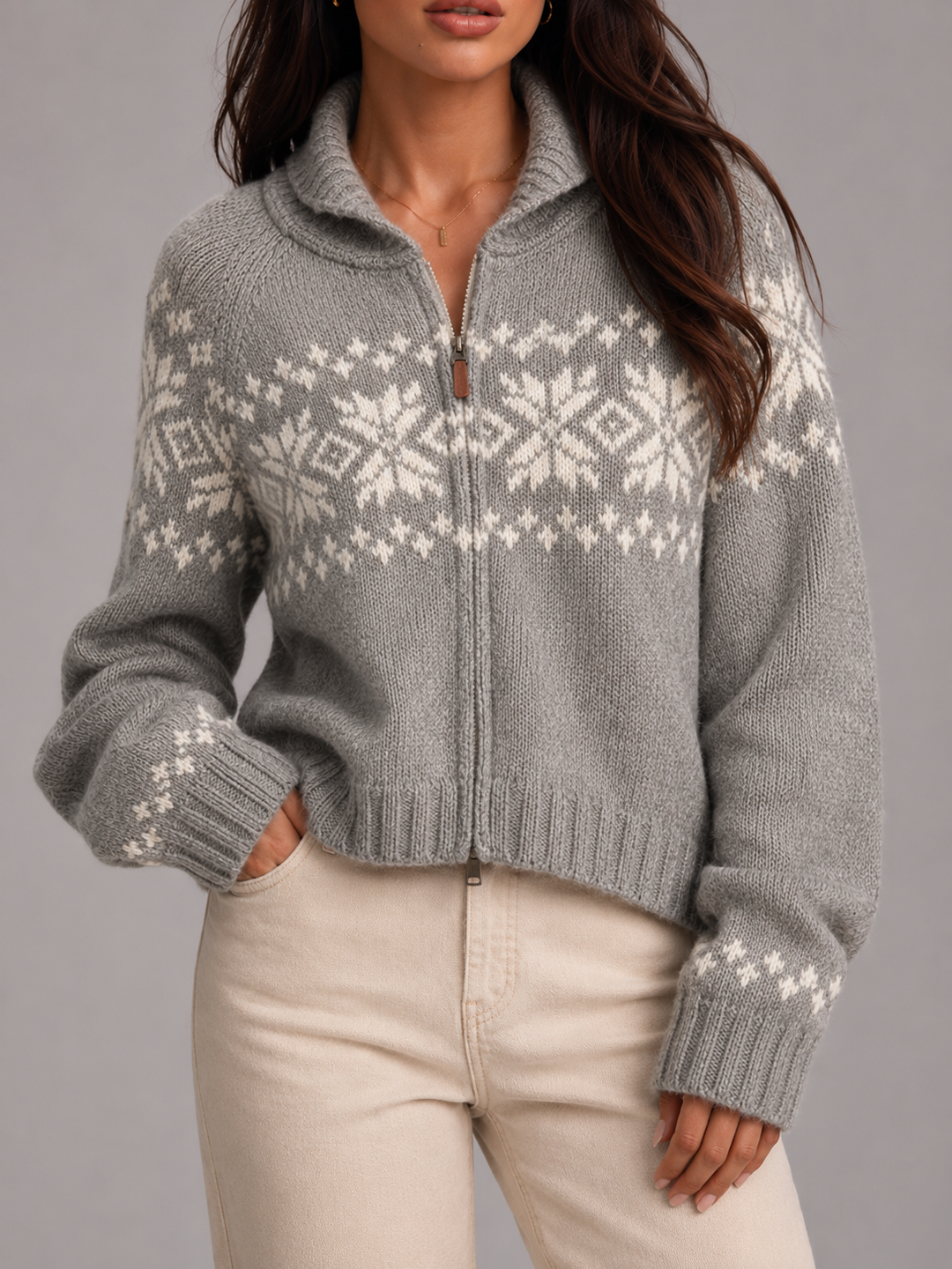 Audrey | Pull Femme Col Zippé Fair Isle Laine