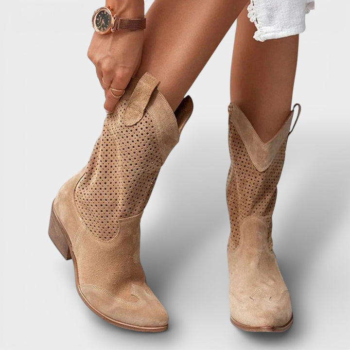 Aurélie | Bottes Cowboy Femme Cuir Blanc Perforé