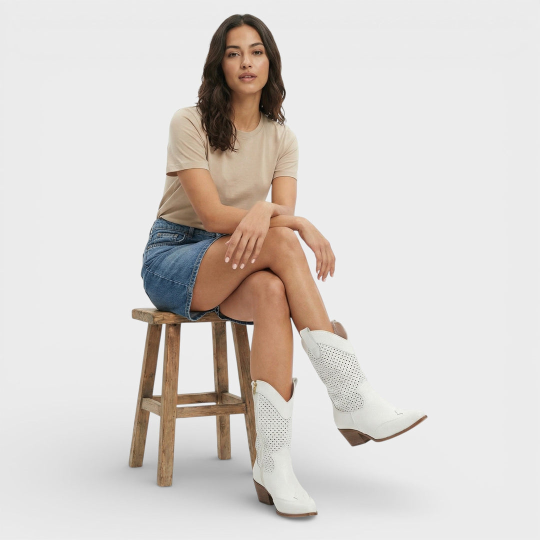 Aurélie | Bottes Cowboy Femme Cuir Blanc Perforé