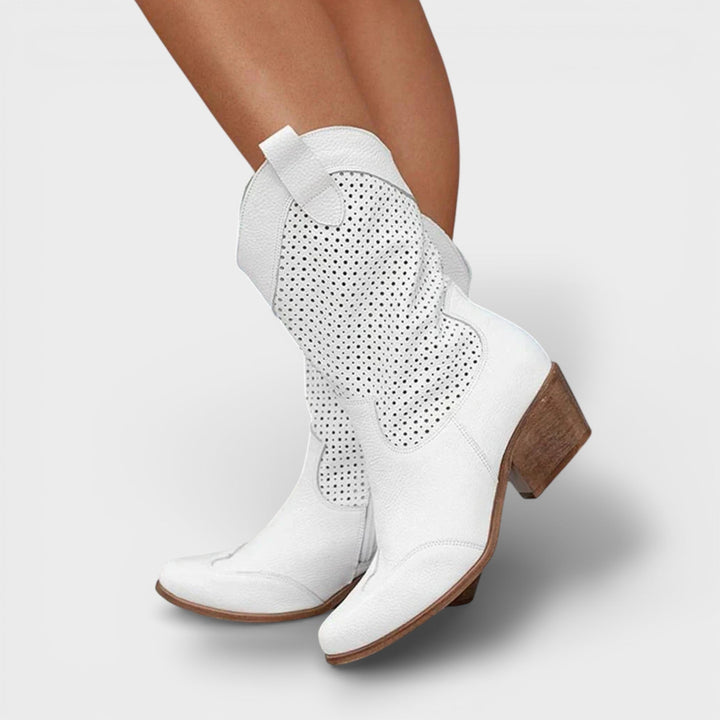 Aurélie | Bottes Cowboy Femme Cuir Blanc Perforé