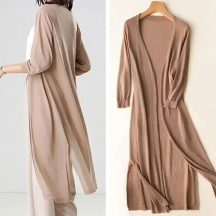 Aurélie | Cardigan Long Femme Marron Ouvert Col V
