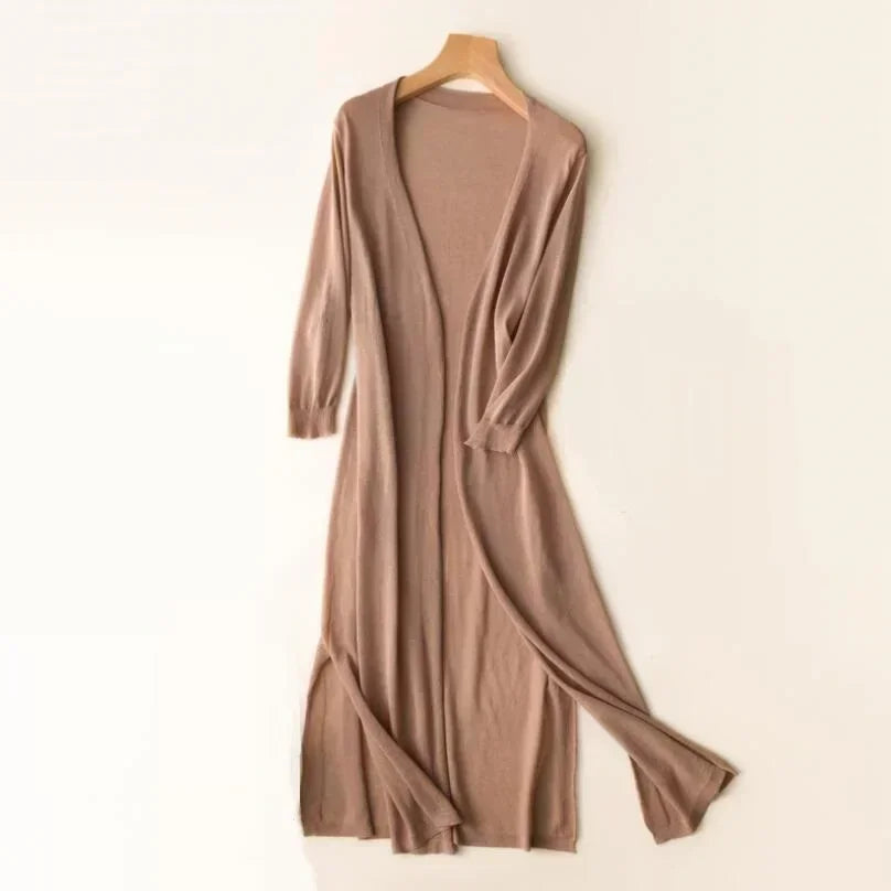 Aurélie | Cardigan Long Femme Marron Ouvert Col V