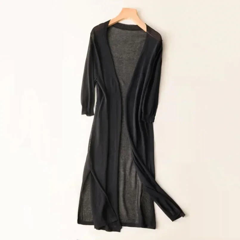 Aurélie | Cardigan Long Femme Marron Ouvert Col V