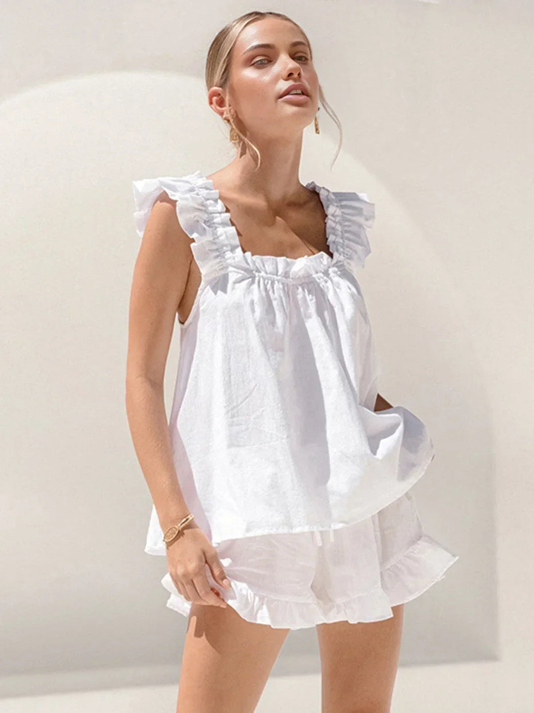 Aurélie | Ensemble Robe Femme Blanc Volants Été