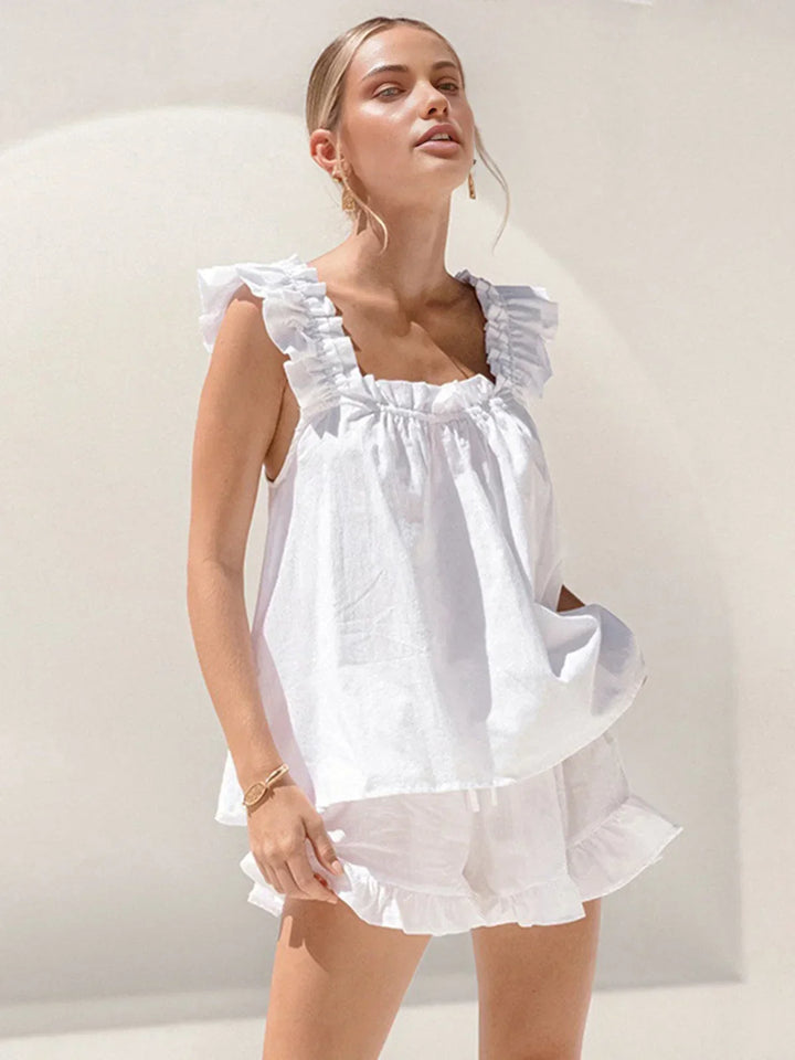 Aurélie | Ensemble Robe Femme Blanc Volants Été