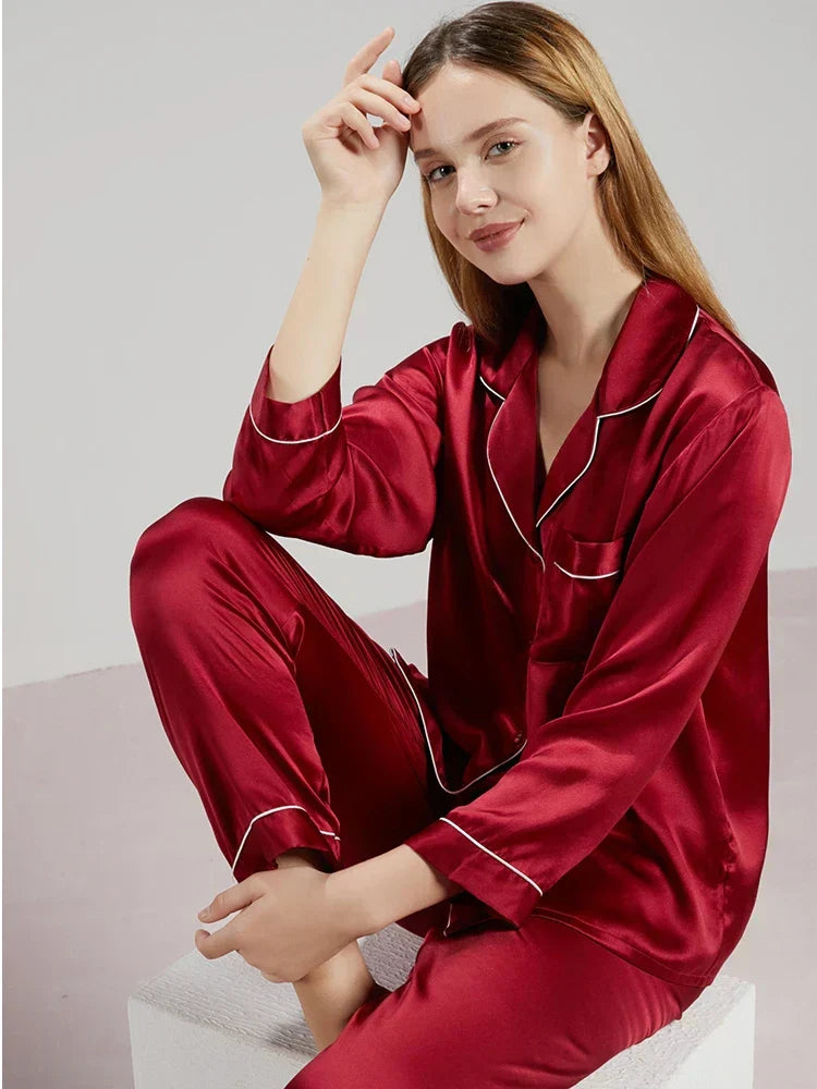 Aurélie | Pyjama Femme Soie Rouge Manches Longues