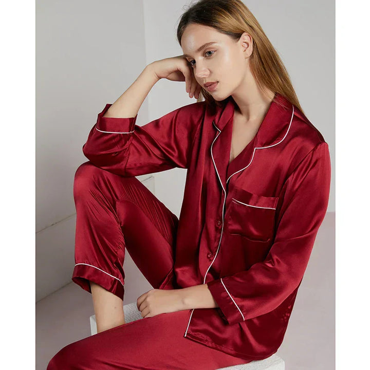 Aurélie | Pyjama Femme Soie Rouge Manches Longues