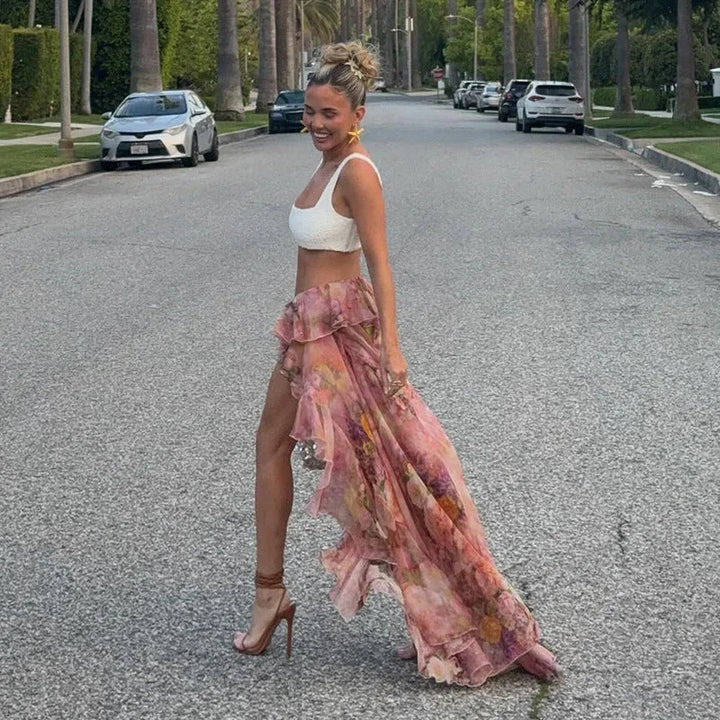 Axelle | Jupe Fleurie Asymétrique Ruffles Femme