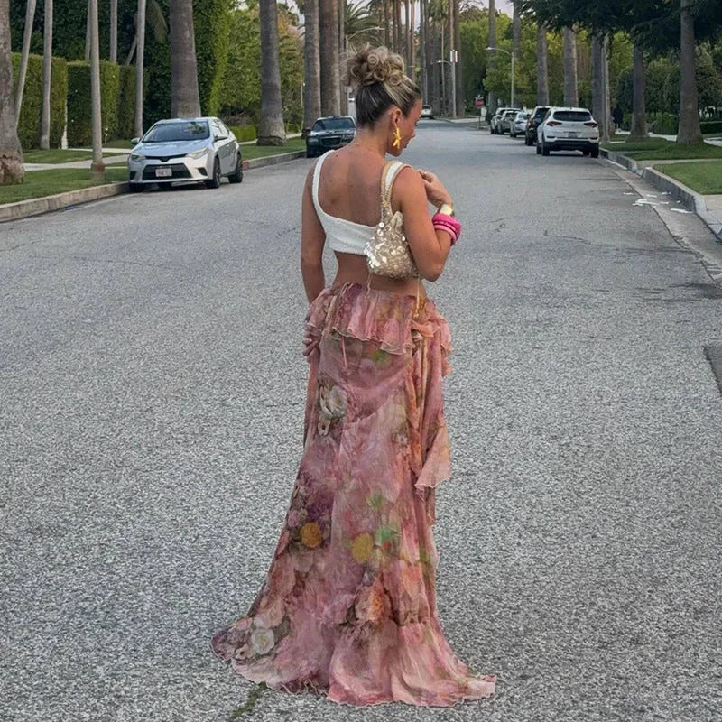 Axelle | Jupe Fleurie Asymétrique Ruffles Femme
