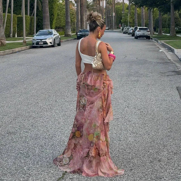 Axelle | Jupe Fleurie Asymétrique Ruffles Femme