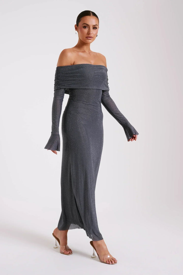 Juliette | Robe Longue Mesh Manches Cloche Col Off-Épaules