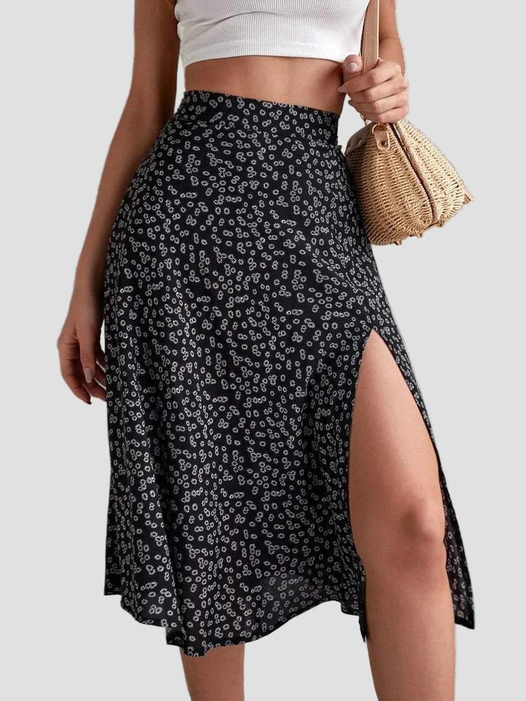 Béatrice | Jupe Midi Fleurie Évasée Taille Haute Femme