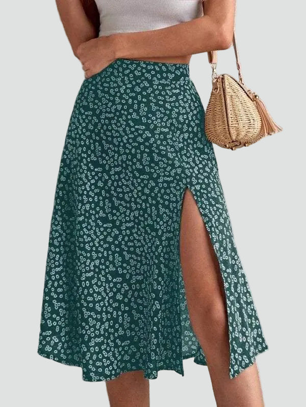 Béatrice | Jupe Midi Fleurie Évasée Taille Haute Femme