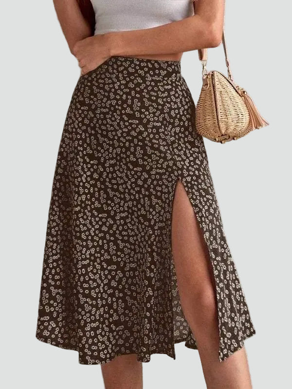 Béatrice | Jupe Midi Fleurie Évasée Taille Haute Femme