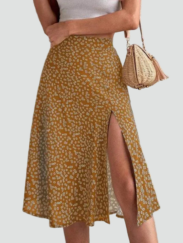 Béatrice | Jupe Midi Fleurie Évasée Taille Haute Femme