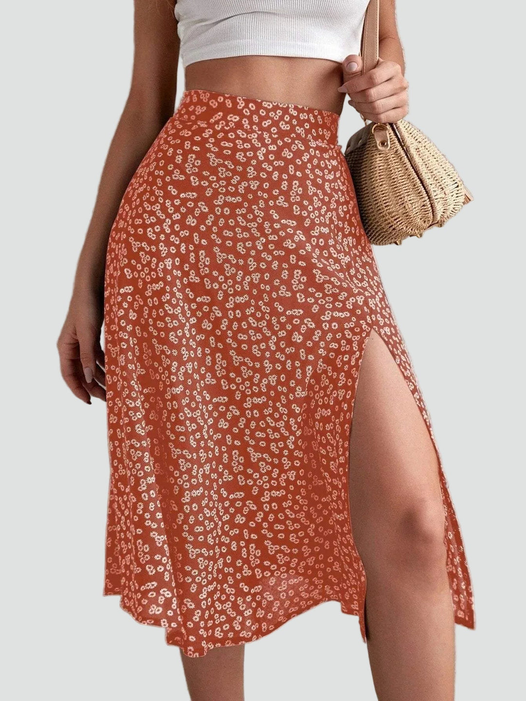 Béatrice | Jupe Midi Fleurie Évasée Taille Haute Femme