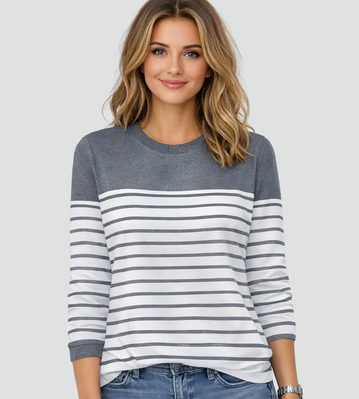 Béatrice | Pull Rayé Gris Col Rond Femme Coupe Ample